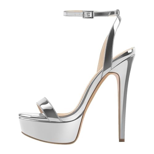 Only maker Sandaletten High Heels für Frauen Runde Offene Zehen Hohe Plattform Stiletto Sandalen Knöchelriemchen Schnalle Silber 41 EU von Only maker