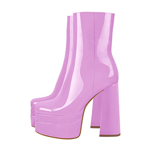 Only maker Stiefeletten für Damen mit Plateau Blockabsatz Stretch Ankle Boots Fashion Booties Lackoptik Pink 41 EU von Only maker
