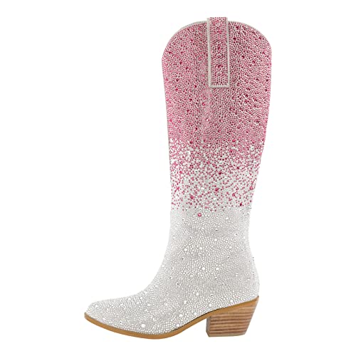 Only maker Westernstiefel mit Blockabsatz Weitschaft Stiefel Cowgirl Boots High Heels Farbverlauf Schuhe Strass Pink Rosa EU 43 von Only maker