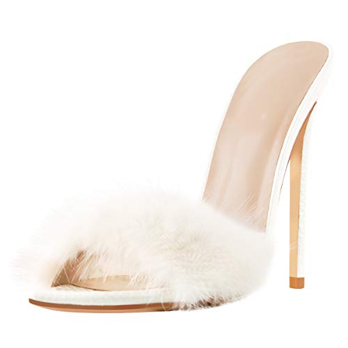 Only maker Women High Heeled Mules Sandals Pointed Toe Stiletto with Santin Fur White 39 EU von Only maker