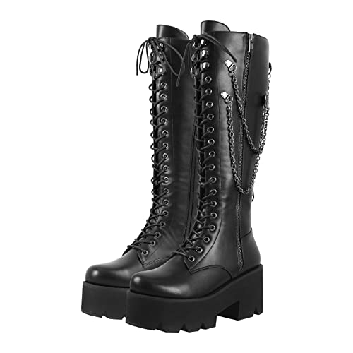 Only maker Women's Plattform Long Boots with Chunky Heels Lace Up Boot Round Toed Knight boots Punk Black EU 37 von Only maker