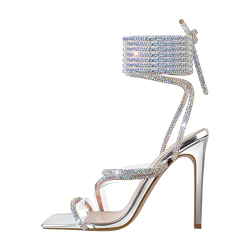 Only maker Women's Sandals with Sparkling Ankle Straps Sexy Boho Style Strapy Sandals High Heels Summer Shoes Silver EU 35 von Only maker