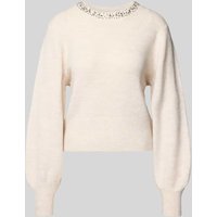 Only Regular Fit Strickpullover mit Schmucksteinbesatz Modell 'ELSA' in Beige, Größe M von Only