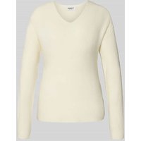 Only Regular Fit Strickpullover mit V-Ausschnitt Modell 'CAMILLA' in Offwhite Melange, Größe M von Only