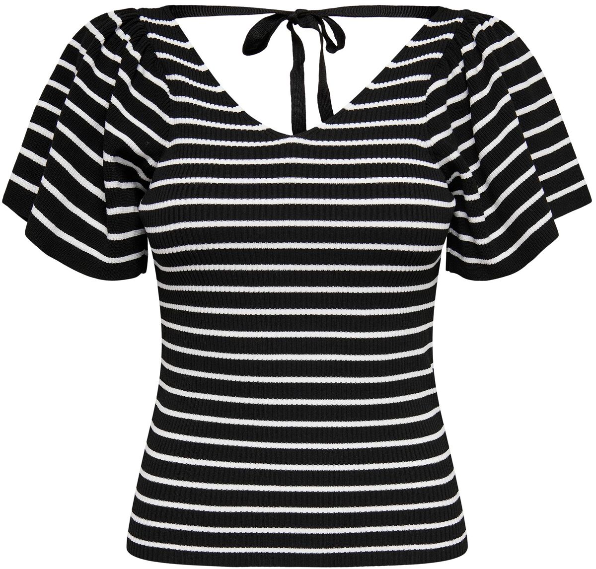 Only T-Shirt - Onlleelo Stripe SS Back V-Neck Knt - XS bis S - für Damen - Größe XS - schwarz/weiß von Only