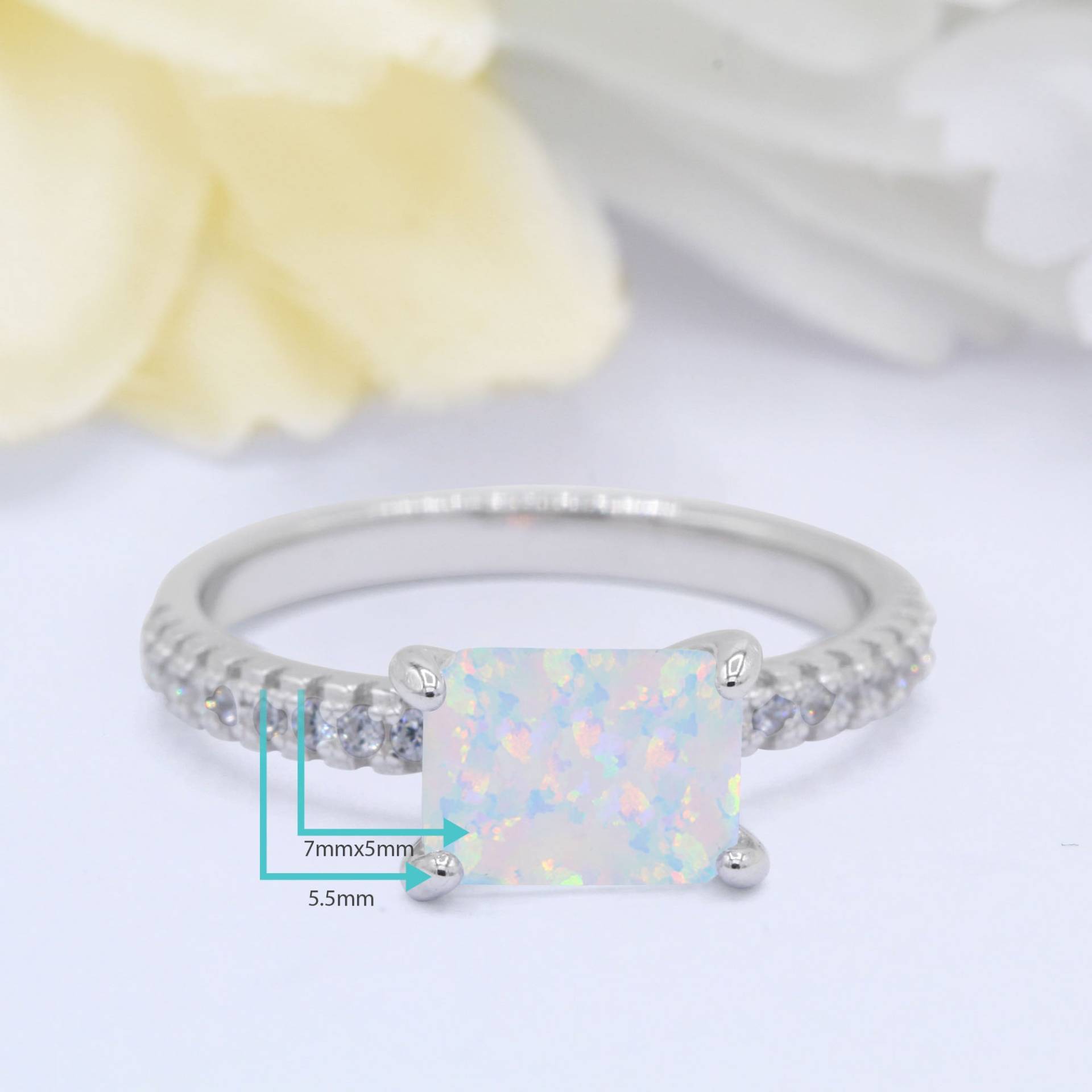 7mmx5mm Rechteckig Lab Weiß Opal Art Deco Ehering Cz Halbband Massiv 925 Sterling Silber Wähle Dein Band Und Stein Farbe von OnlyOpalLuv