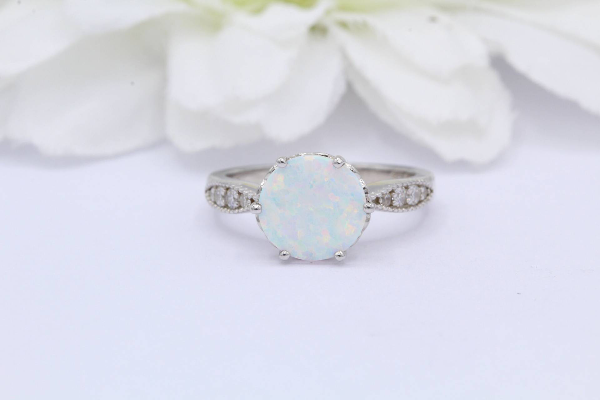 9mm Solitär Vintage Art Deco Rund Lab Weiß Opal Cz Band Hochzeit Verlobung Brautring 925 Sterling Silber Wählen Sie Ihren Eigenen Stein von OnlyOpalLuv