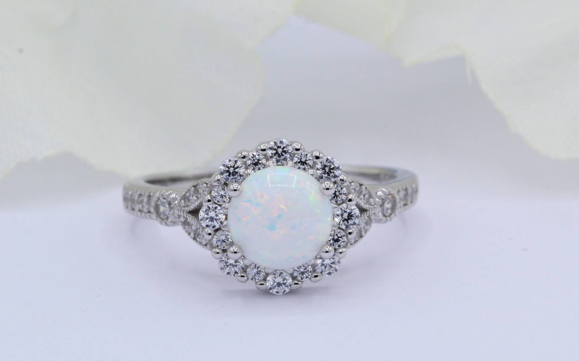 Halo Floral Rund Lab White Opal Cz Art Deco Vintage Hochzeit Verlobungsring Semi Mount Solid 925 Sterling Silber Wähle Band Farbe von OnlyOpalLuv