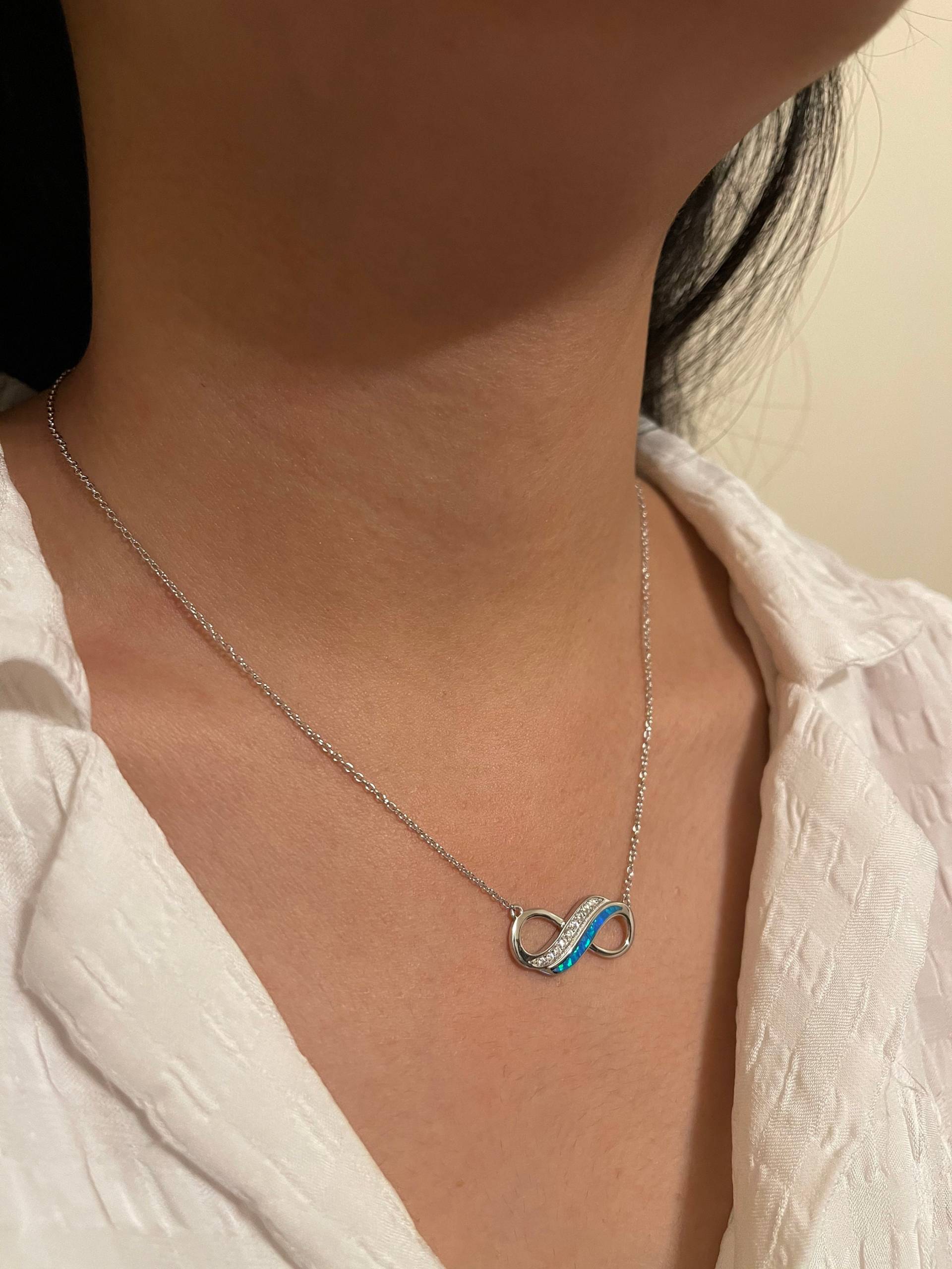 Neues Design Infinity Halskette Blau Lab Erstellt Opal Und Cz Anhänger Silber 925 Kette Trendigen Schmuck 16" von OnlyOpalLuv