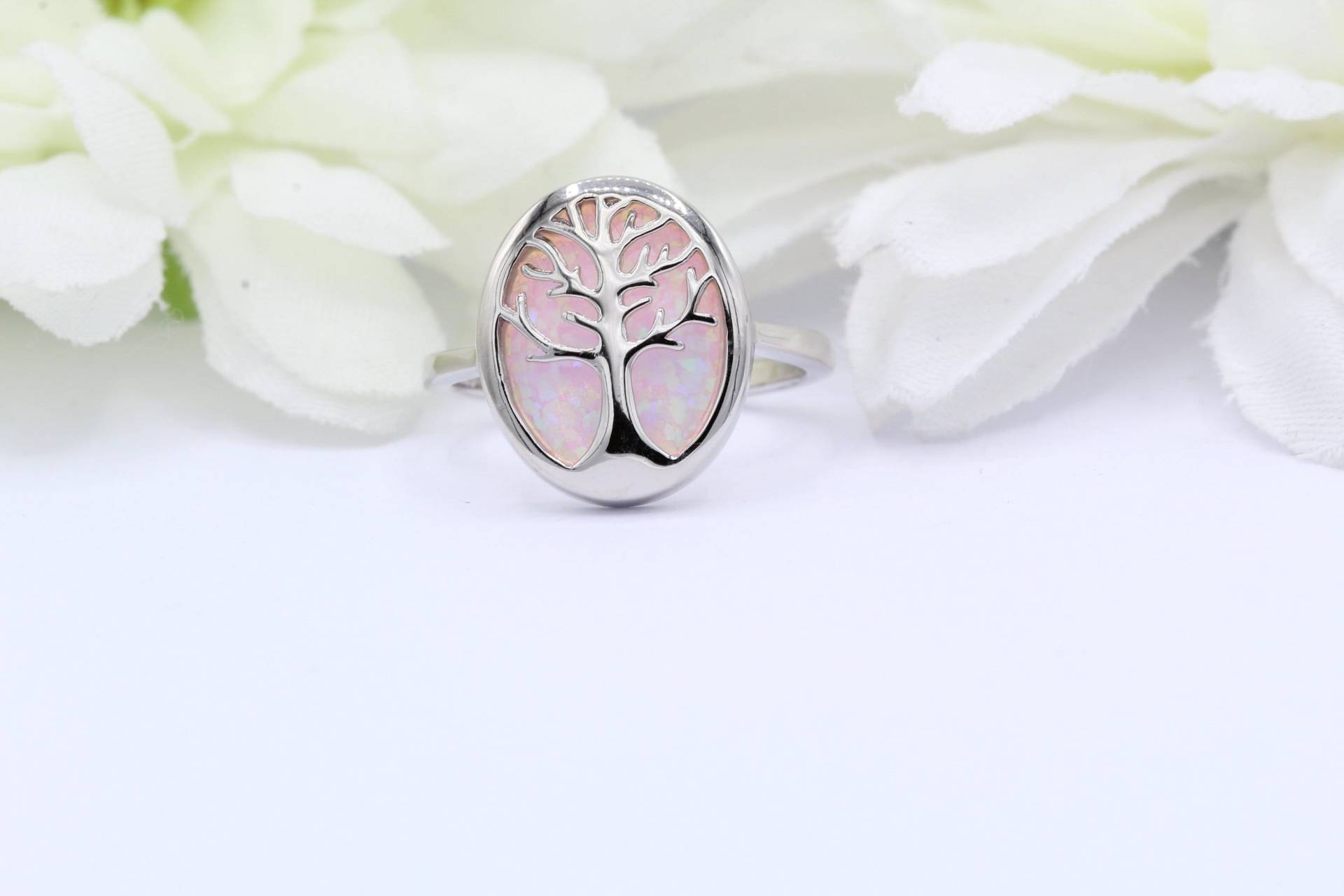 Oval Tree Of Life Ring Lab Pink Opal Hochzeit Verlobung Art Deco Massiv 925 Gestempelt Band Rhodiniert Sterling Silber von OnlyOpalLuv