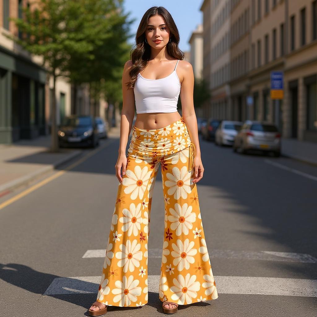 Retro Daisy Print Hose Mit Weitem Bein 70Er Jahre Boho High Waist von SeraphinaWear
