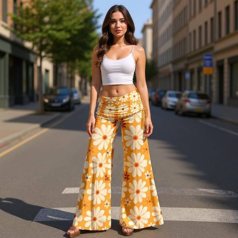 Retro Daisy Print Hose Mit Weitem Bein 70Er Jahre Boho High Waist von SeraphinaWear