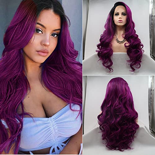 Drag Queen Black Roots To Violet/Dark Purple Synthetic Lace Front Wigs For Women Cosplay Natural Hairline Side Part Flawless Long Wave Hair 24" von Onlygirl