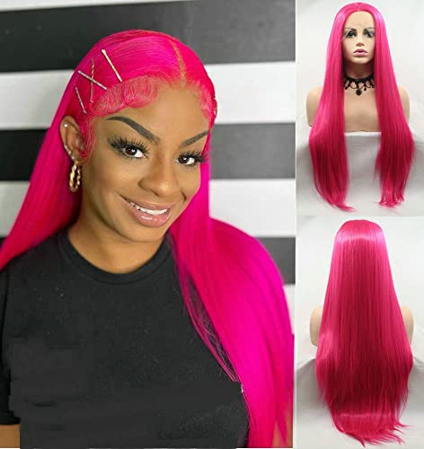 Hellrosa Perücke, lang, glatt, synthetische Lace-Front-Perücke für Damen, Hot Red Pink, halb handgeknüpft, hitzebeständige Faser, Mittelscheitel, tägliches Tragen, Cosplay-Perücke, Drag Queen von Onlygirl