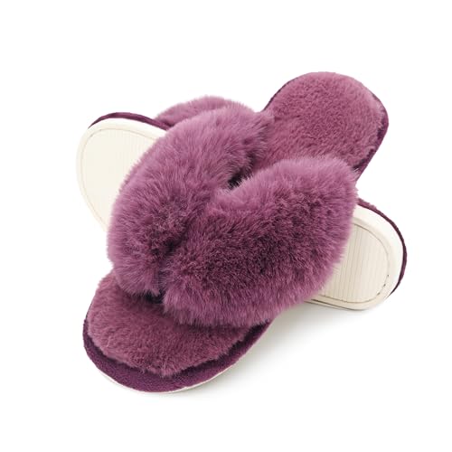 Onmygogo Damen Indoor Hausschuhe Open Toe, Plüsch Flip Flop Home Hausschuhe für Frauen mit rutschfester Gummi-Außensohle (Plum,S) von Onmygogo
