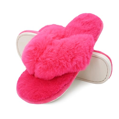Onmygogo Damen Indoor Hausschuhe Open Toe, Plüsch Flip Flop Home Hausschuhe für Frauen mit rutschfester Gummi-Außensohle (Rose,M) von Onmygogo