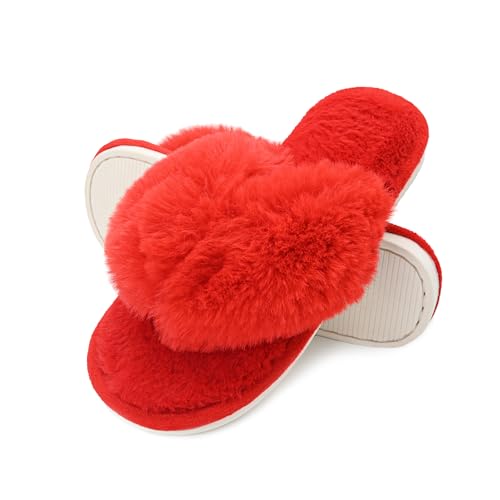 Onmygogo Damen Indoor Hausschuhe Open Toe, Plüsch Flip Flop Home Hausschuhe für Frauen mit rutschfester Gummi-Außensohle (Scarlet,S) von Onmygogo