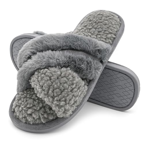 Onmygogo Damen Indoor Hausschuhe Open Toe, Plüsch Querband Home Hausschuhe für Frauen mit rutschfester Gummi-Außensohle (dunkelgrau,M) von Onmygogo