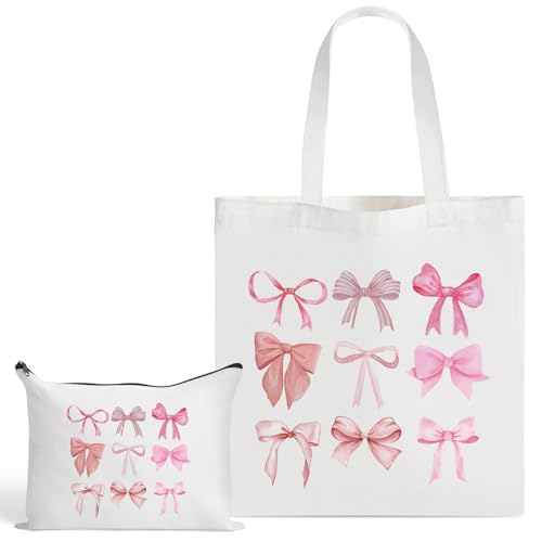 2 Stück rosa Schleifen Canvas Tragetasche und rosa Schleife adrette Make-up-Tasche Set, süße Kokette Make-up-Tasche, wiederverwendbar und waschbar, Segeltuch, Einkaufstasche für Frauen und Mädchen von Onperpoe