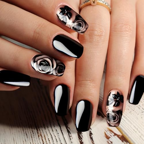 24 Stück Schwarze Rosen Press On Nails Künstliche Fingernägel zum Aufkleben Mittlere Länge Glänzend Acryl Künstliche Nägel Mit Gel Kleber Für Frauen Mädchen von Onperpoe