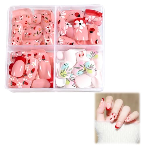 Nagel Tips Set 96 Stück Falsche Nägel Zum Aufkleben 4 Designs Nageltips Full Cover Fake Nails für Frauen Mädchen Press On Nails Kurz Quadrat Fake Nails für DIY Maniküre Dekoration von Onperpoe
