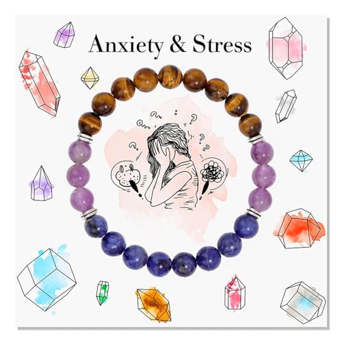 Natürlicher Kristall Heilsteine Armband Perlenarmband Damen Herren 8mm Natürliche Edelstein Armband Crystal Heilsteine Stretch Armband mit Heilkarte Anxiety & Stress Glücksbringer Schmuck Geschenk von Onperpoe