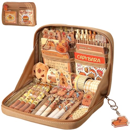Onperpoe Nettes Capybara Stiftetui Set Capybara Federmäppchen mit Fächern Capybara Mäppchen mit Aufkleber Brosche Gelstift für Kinder Studenten Mädchen Jungs Multifunktional Mäppchen für Schule Büro von Onperpoe