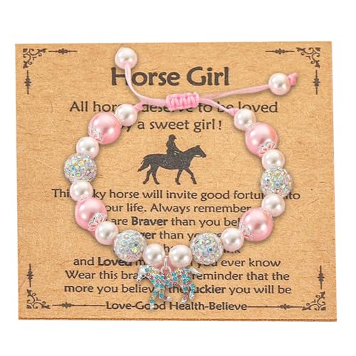 Onperpoe Perlen Armbänder für Kinder Mädchen Rosa Naturstein Armband mit Süßem Pferdeanhänger und Nachrichtenkarte Perlenarmband Damen Heilsteine Armband Birthday Gifts für Tochter Enkelin Nichte von Onperpoe