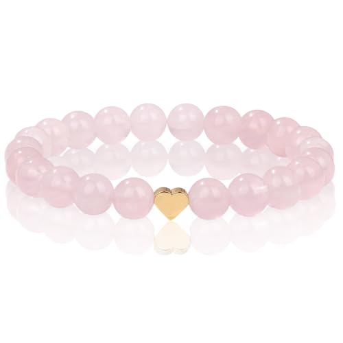 Onperpoe Rosenquarz Armband mit Echt Perlen und Edelstahlherz - Verschiedene Längen Heilstein Kette Rosenquarz Perlen Glücksbringer Armband - Geschenk Spiritueller Schmuck Damen von Onperpoe