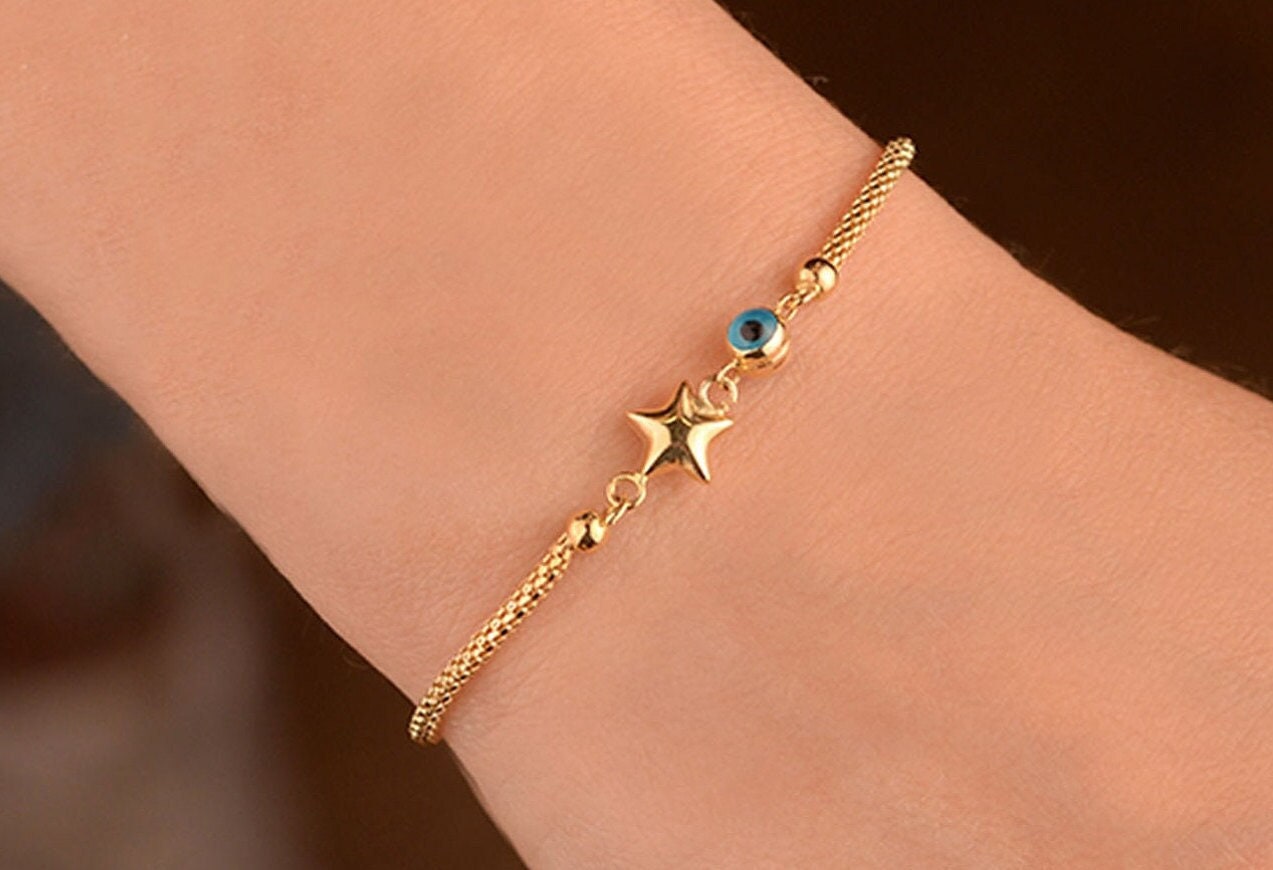 14K Solid Gold Armband, Stern Armband Mit Bösem Auge, Evil Eye Charm Schutz Zierliche Geschenk Für Sie von OnsevaFineJewelry