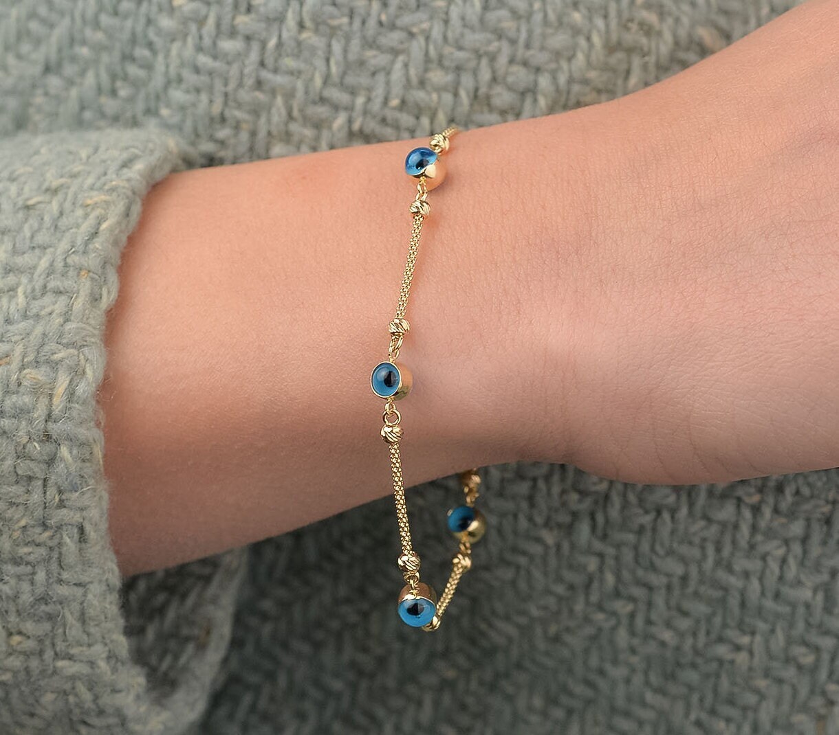 14K Solid Gold Evil Eye Armband, Goldkettenarmband, Schutzarmband, Geschenk Für Sie, Alltagsarmband, Geburtstagsgeschenk, Zierliches Armband von OnsevaFineJewelry