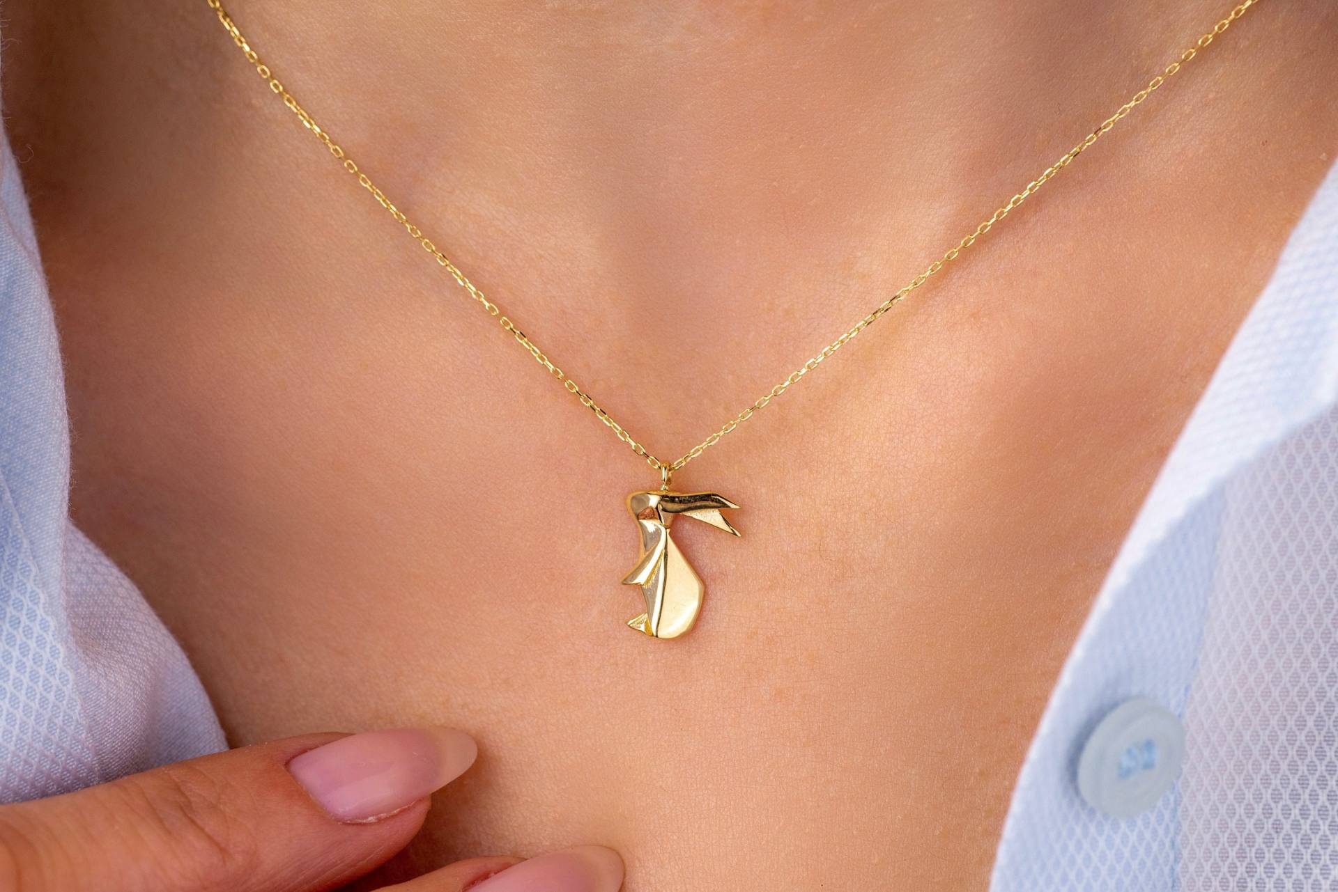 14K Solid Gold Kaninchen Halskette, Hase Origami Kaninchen, Tier Anhänger Süße Tierliebhaber Geschenk, Geburtstagsgeschenk von OnsevaFineJewelry