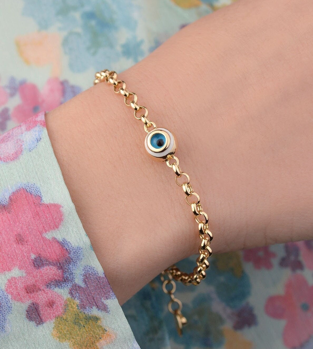 Evil Eye Armband, Kabel Kette Armband Mit Charm, Rundes Auge, 14K Solid Gold Schutz Geburtstag Geschenk Für Sie von OnsevaFineJewelry