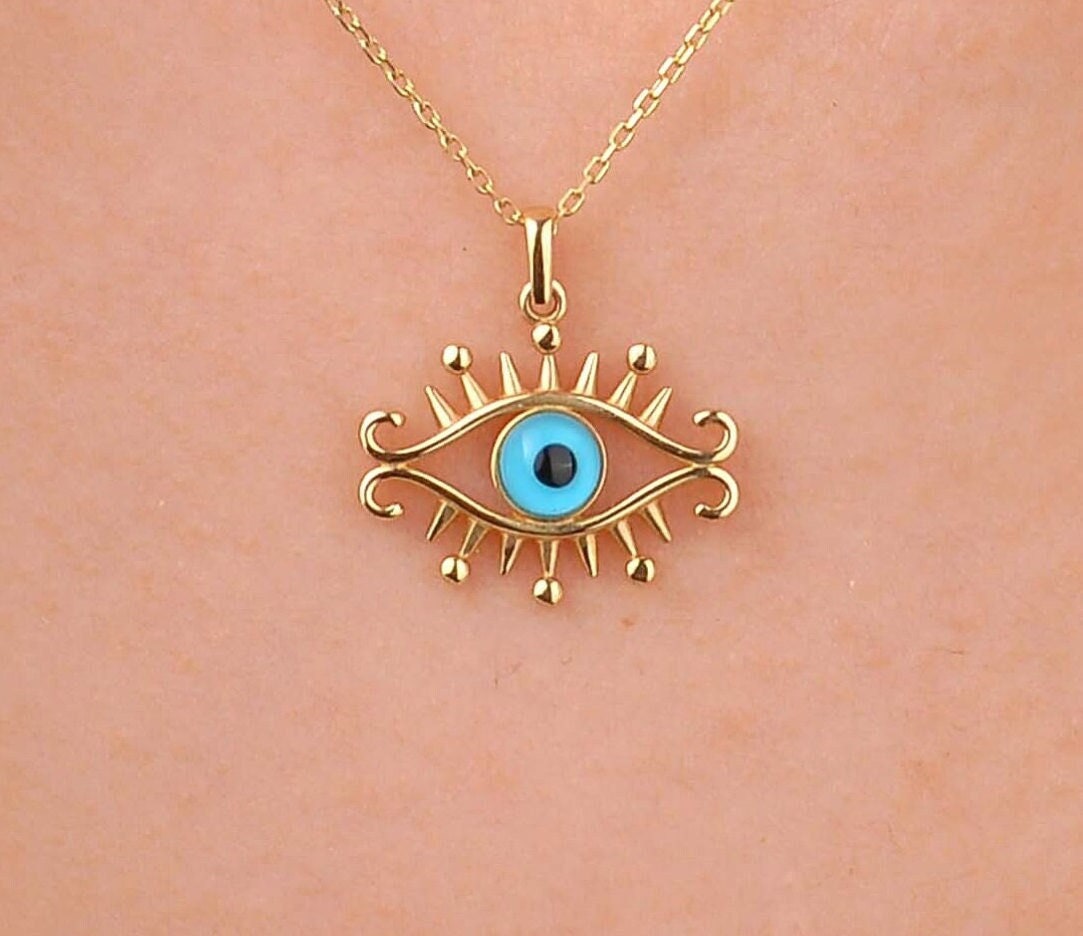 Gold-Augen-Halskette, 14K Solid Gold-Halskette, Evil Eye Anhänger, Charm, Zierliche Halskette, Schutz-Halskette, Geburtstagsgeschenk von OnsevaFineJewelry