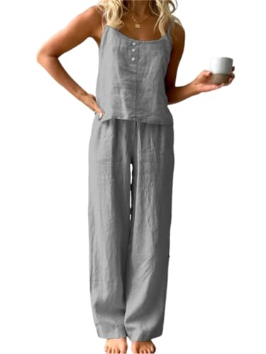 Onsoyours 2 Teiler Hosenanzug Damen Elegant Zweiteiler Outfit Sommer Ärmelloses Tank Top und Hose Loungewear Baumwolle Leinen Freizeitanzug mit Taschen Sportanzug Einfarbig A Dunkelgrau L von Onsoyours