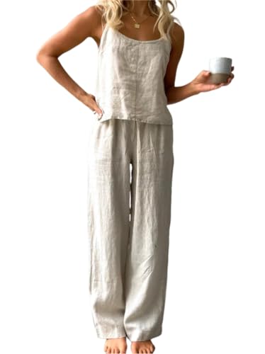 Onsoyours 2 Teiler Hosenanzug Damen Elegant Zweiteiler Outfit Sommer Ärmelloses Tank Top und Hose Loungewear Baumwolle Leinen Freizeitanzug mit Taschen Sportanzug Einfarbig A Hellgrau S von Onsoyours
