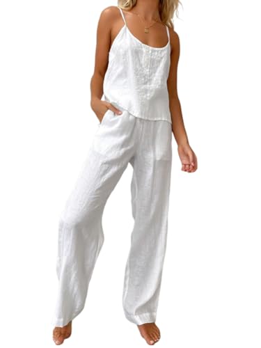 Onsoyours 2 Teiler Hosenanzug Damen Elegant Zweiteiler Outfit Sommer Ärmelloses Tank Top und Hose Loungewear Baumwolle Leinen Freizeitanzug mit Taschen Sportanzug Einfarbig A Weiß M von Onsoyours