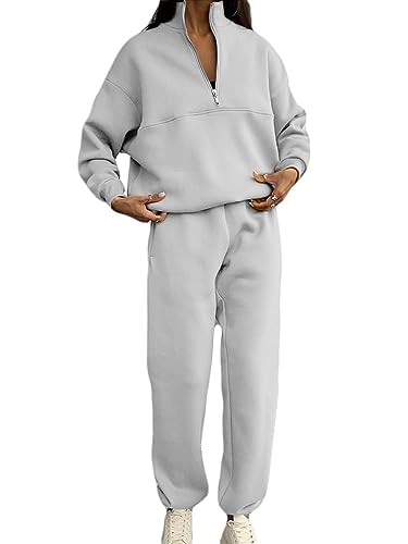 Onsoyours 2 Teilig Frauen Freizeitanzug Langarm Kapuzenpullover + Hose Sportanzug Casual 1/2 Zip Up Sweatshirt und Sweathose Jogginganzug Lose Einfarbig Trainingsanzug Sport Outfit A Grau M von Onsoyours