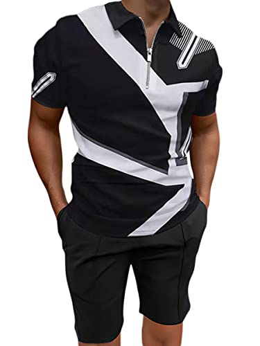 Onsoyours 2 Teiliges Herren Sommer Jogginganzug Sportanzug Kurzarm Outfit Polo Sport Set Freizeit Tops T-Shirt + Kurze Hose Trainingsanzüge Kurze Freizeitanzug Leicht Atmungsaktiv E Schwarz S von Onsoyours