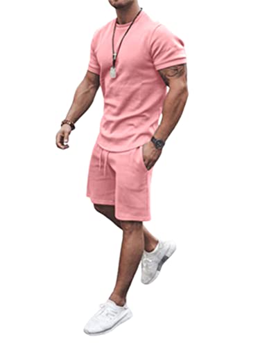 Onsoyours 2 Teiliges Sommersportanzug T-Shirts + Kurze Hose Freizeitanzug Suit Vintage Bedruckter Set Kurzarm Sporthose T-Shirt Männer Trainingsanzug Sporthose D Rosa XL von Onsoyours