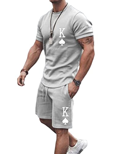 Onsoyours 2 Teiliges T-Shirt und Hosen Sets Herren Shirt Shorts Jogginganzug Druck Freizeitanzug Mode Outfit Sweathose Kurze für Männer Sommer Freizeitanzug C Grau XXL von Onsoyours