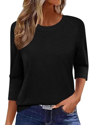 Onsoyours 3/4 Arm Shirt Damen Rundhals Tshirt Leichte Pullover Sommer Herbst Oberteil Casual Tops Basic Shirt A Schwarz XXL von Onsoyours