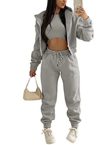 Onsoyours 3 Stücke Damen Sportanzüge Jogginganzug Sport Sets Yoga Outfit Freizeitanzug Langarm Kapuzenjacke + Crop Top + Jogginghose mit Taschen Grau M von Onsoyours