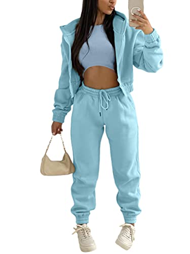 Onsoyours 3 Stücke Damen Sportanzüge Jogginganzug Sport Sets Yoga Outfit Freizeitanzug Sportswear Langarm Kapuzenjacke + Crop Top + Jogginghose mit Taschen Blau XL von Onsoyours