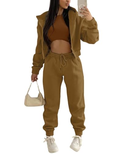 Onsoyours 3 Stücke Damen Sportanzüge Jogginganzug Sport Sets Yoga Outfit Freizeitanzug Sportswear Langarm Kapuzenjacke + Crop Top + Jogginghose mit Taschen Braun S von Onsoyours