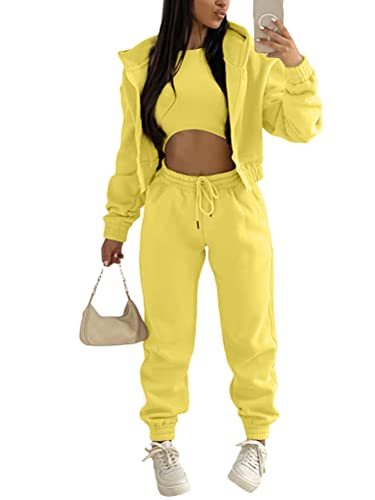 Onsoyours 3 Stücke Damen Sportanzüge Jogginganzug Sport Sets Yoga Outfit Freizeitanzug Sportswear Langarm Kapuzenjacke + Crop Top + Jogginghose mit Taschen Gelb S von Onsoyours