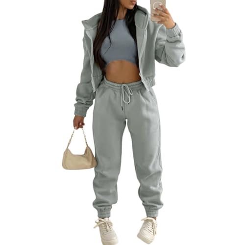 Onsoyours 3 Stücke Damen Sportanzüge Jogginganzug Sport Sets Yoga Outfit Freizeitanzug Sportswear Langarm Kapuzenjacke + Crop Top + Jogginghose mit Taschen Grau S von Onsoyours