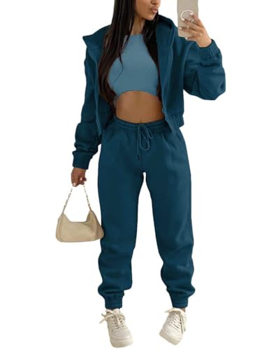 Onsoyours 3 Stücke Damen Sportanzüge Jogginganzug Sport Sets Yoga Outfit Freizeitanzug Sportswear Langarm Kapuzenjacke + Crop Top + Jogginghose mit Taschen Marine L von Onsoyours