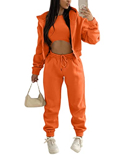 Onsoyours 3 Stücke Damen Sportanzüge Jogginganzug Sport Sets Yoga Outfit Freizeitanzug Sportswear Langarm Kapuzenjacke + Crop Top + Jogginghose mit Taschen Orange XL von Onsoyours