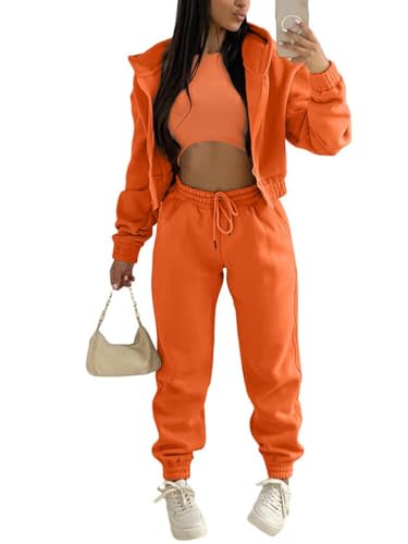 Onsoyours 3 Stücke Damen Sportanzüge Jogginganzug Sport Sets Yoga Outfit Freizeitanzug Sportswear Langarm Kapuzenjacke + Crop Top + Jogginghose mit Taschen Orange XL von Onsoyours